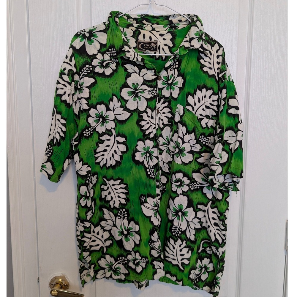 Tiki Palm Mens XL Green Black Hibiscus Floral Rayon Hawaiian Button Down Shirt - Picture 3 of 6